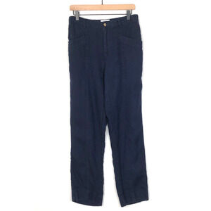NICOLE MILLER 100% Linen Pants Women's L Navy Blue Stretch Waist‎ Casual Pockets